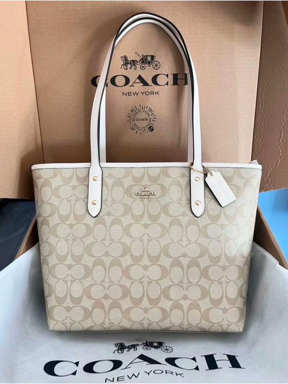 Coach Beige Signature Canvas Tote with Cream Leather Handles
